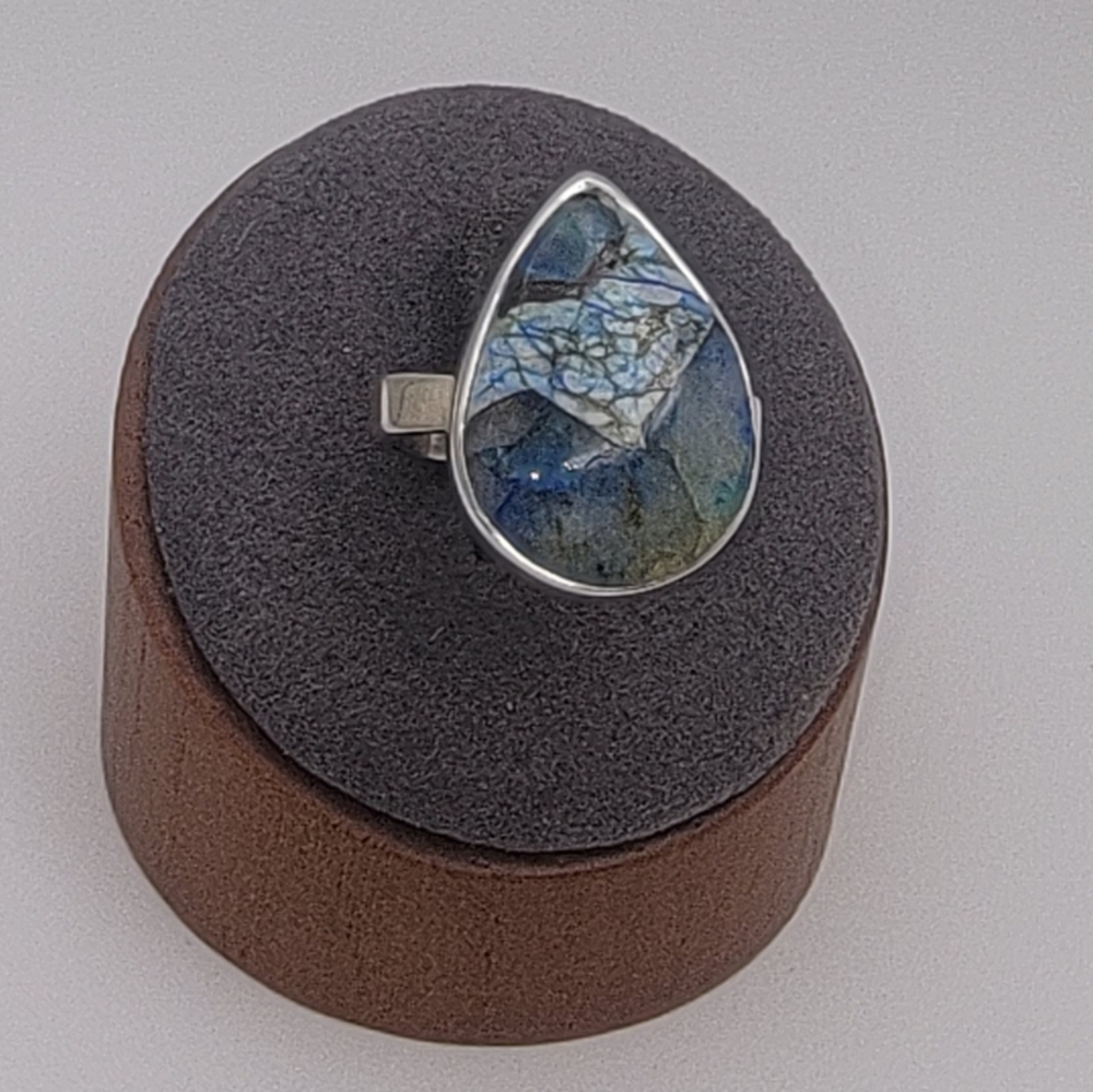 Azurite and 925 Sterling Silver and Blue Teardrop Ring Size 6.5